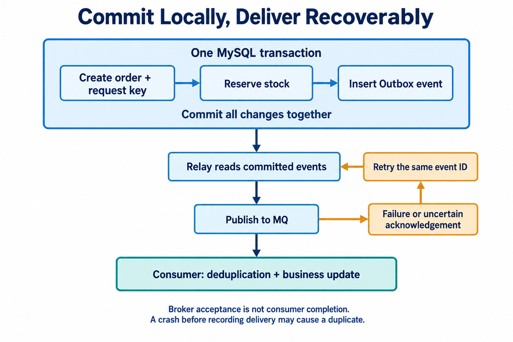 Transactional outbox preserving an order event for later delivery