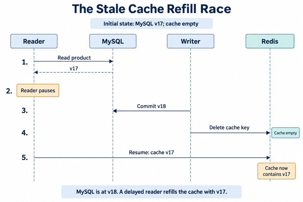 Cache-aside read and invalidation flow between a Java service, Redis, and MySQL