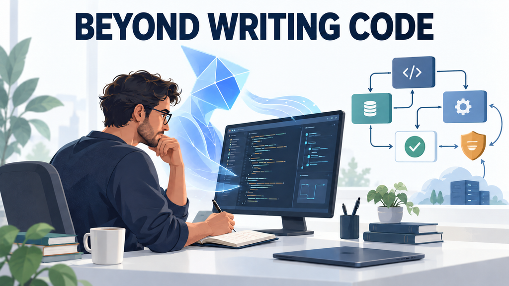 Software engineer reviewing AI-assisted code alongside symbols of system architecture, testing, and production security.