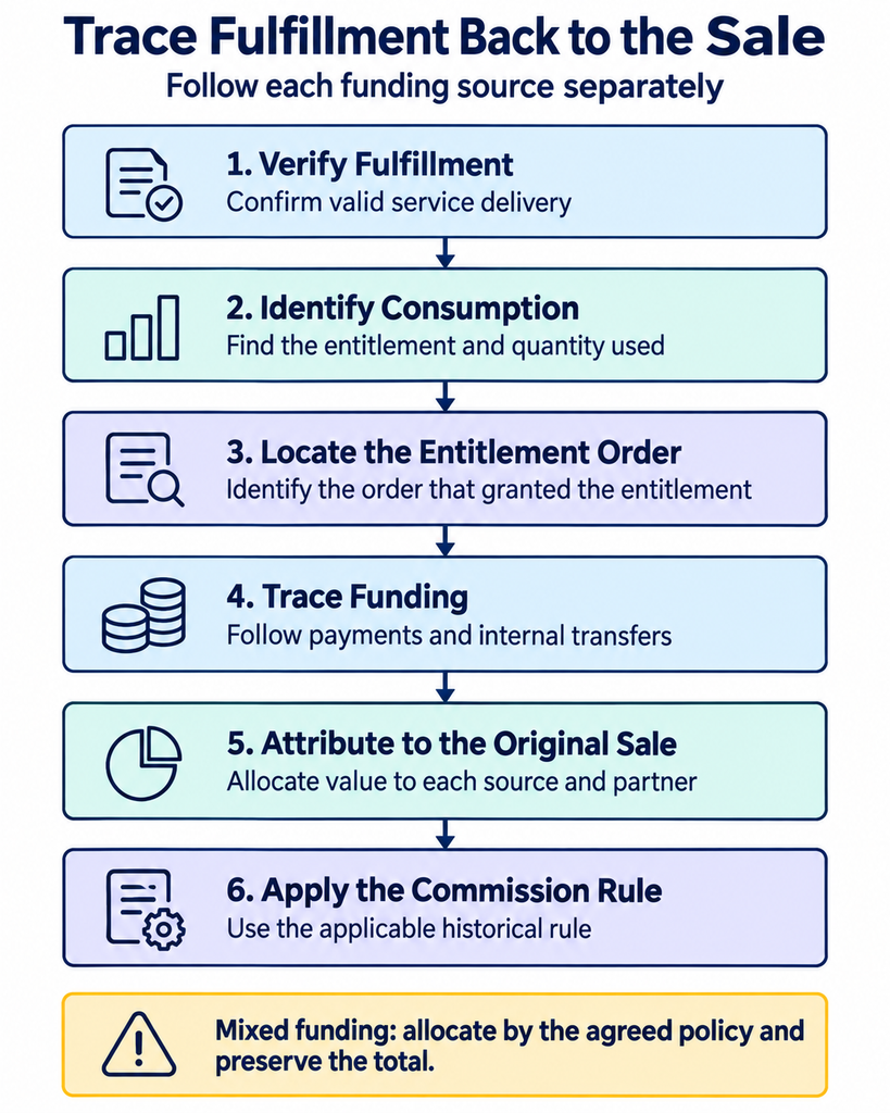 Fulfillment-to-sale attribution steps and funding trace