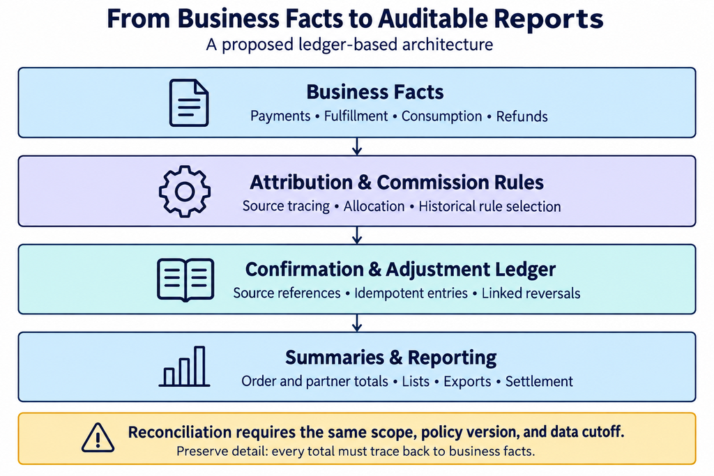 Ledger and reporting model for auditable revenue attribution