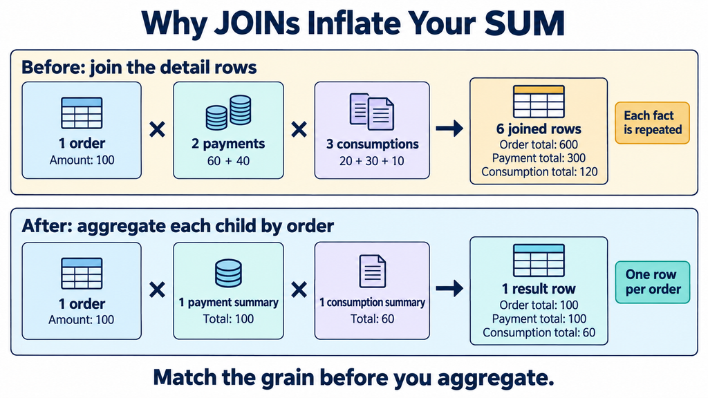 Two payments and three consumption records produce six joined rows and inflated sums; aggregating each child by order produces one report row with totals of 100, 100, and 60.