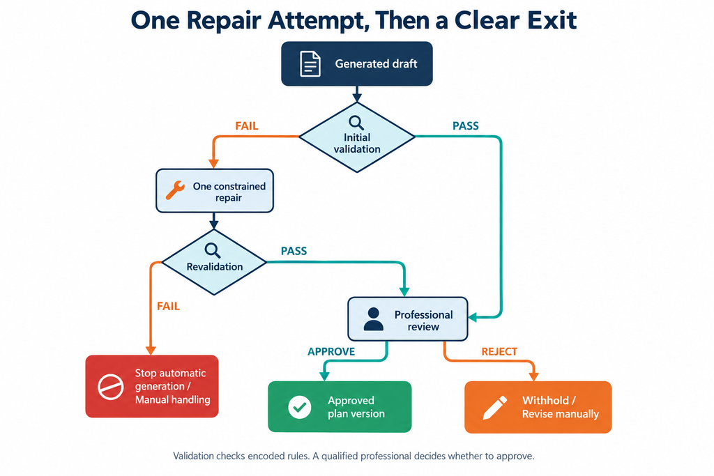 Bounded repair and revalidation flow before professional approval