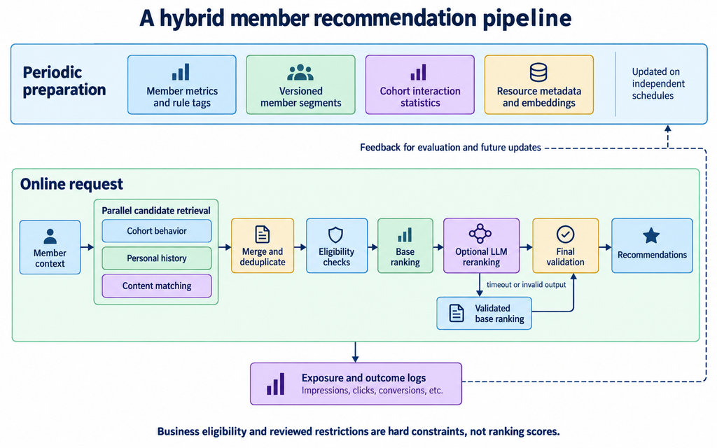 Hybrid recommendation architecture separating periodic profile preparation from online parallel retrieval, eligibility checks, ranking, LLM assistance, final validation, and feedback.