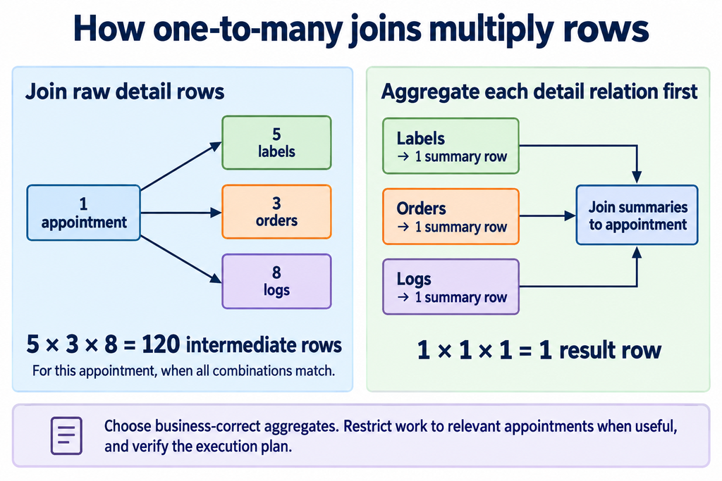 Five labels, three orders, and eight logs multiply into 120 joined rows; aggregating each relationship to one row per appointment prevents this multiplication when summaries are sufficient.