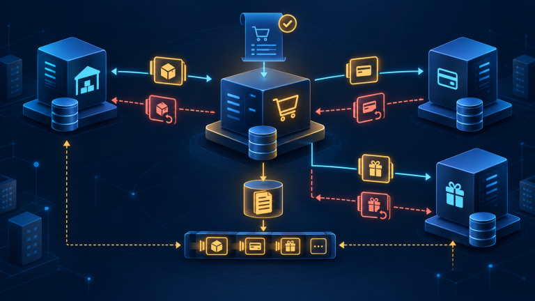 Distributed transaction flow across order inventory payment and rewards with compensation paths